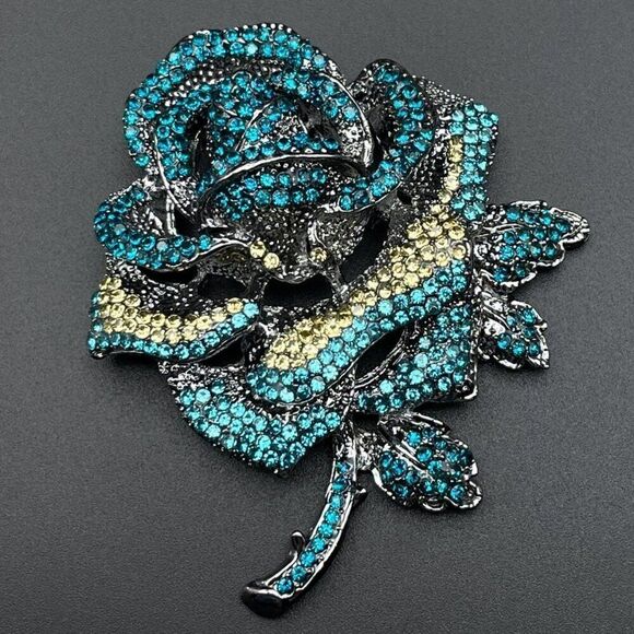 Gun Metal Gray with Aquamarine and Sapphire Crystal Rose Flower Pin Back Brooch - Picture 1 of 9